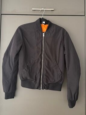Black Bomber Jacket XS Orange Lining Zip Up Lightweight Flight Jacket